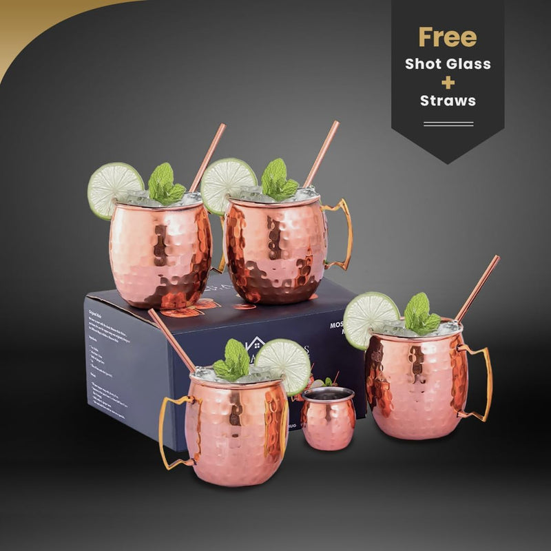 ARTISANS VILLAGE Moscow Mule Cups Set of 4-18/8 Stainless Steel with Pure Copper Plating- 16 Oz Handcrafted Food Safe Copper Cups with Shot Glass and Straws - Perfect for Cold Drinks