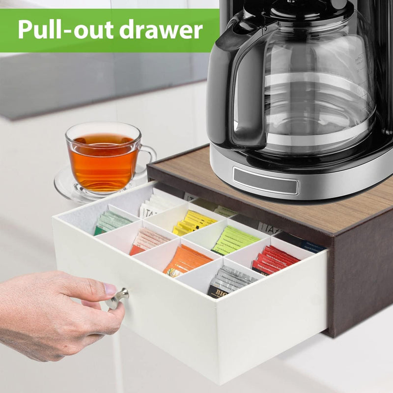 J JACKCUBE DESIGN Tea Bag Organizer for Countertop with Drawer, Tea Storage Organizer with 12 Compartments(Brown/White) - MK353A