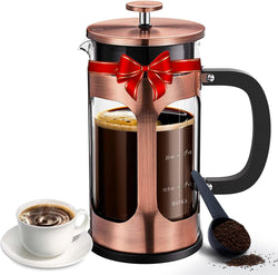 BAYKA 34 Ounce 1 Liter French Press Coffee Maker, Glass Classic Copper Stainless Steel Coffee Press, Cold Brew Heat Resistant Thickened Borosilicate Coffee Pot for Camping Travel Gifts