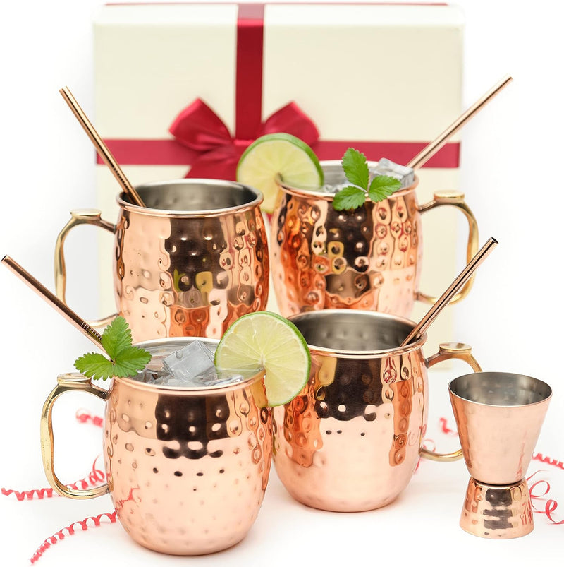 Kitchen Science [Gift Set] Moscow Mule Mugs, Stainless Steel Lined Copper Moscow Mule Cups Set of 2 (18oz) w/Straws & Jigger. | Tarnish-Resistant Stainless Steel Interior (Set of 2)