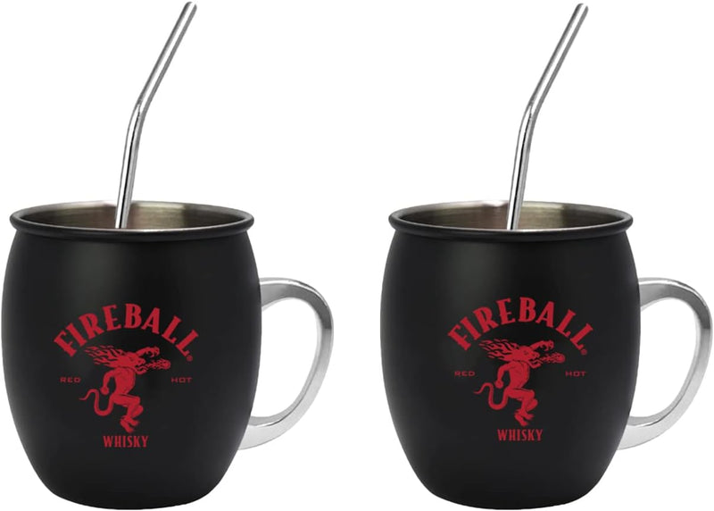 Fireball 2 PIECE MULE MUG WITH STAINLESS STEEL STRAWS, Black, LARGE