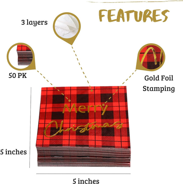 Buffalo Plaid Christmas Napkins Paper - 50 PK - Gold 3-ply Christmas Cocktail Napkins 5x5 Inches Party Napkins Disposable Beverage Napkins for Christimas Decorations Christmas Table Décor