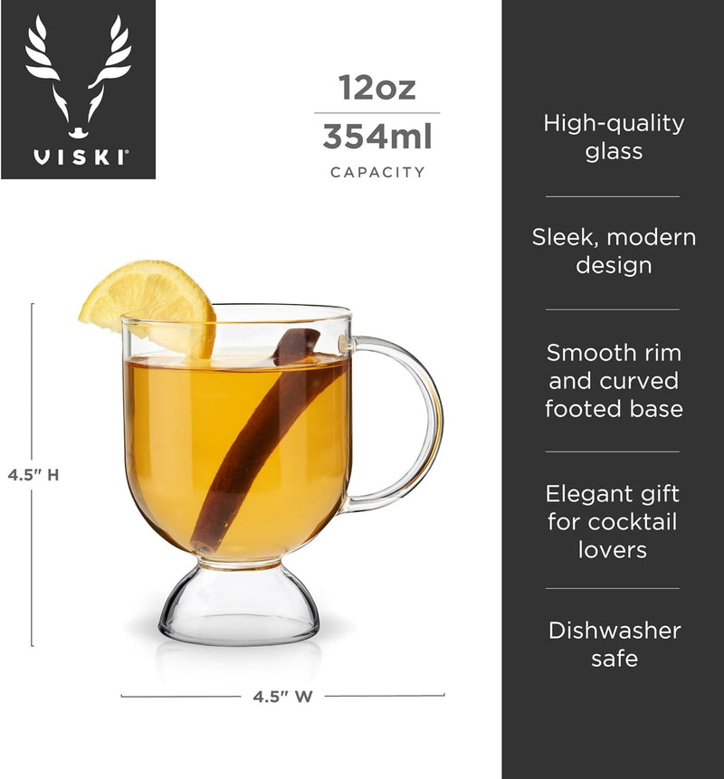 Viski Hot Toddy Glass - Irish Coffee Glasses for Mulled Wine, Spiked Cider, Eggnog, Crystal Clear Mug Gift Set of 2, 12 oz