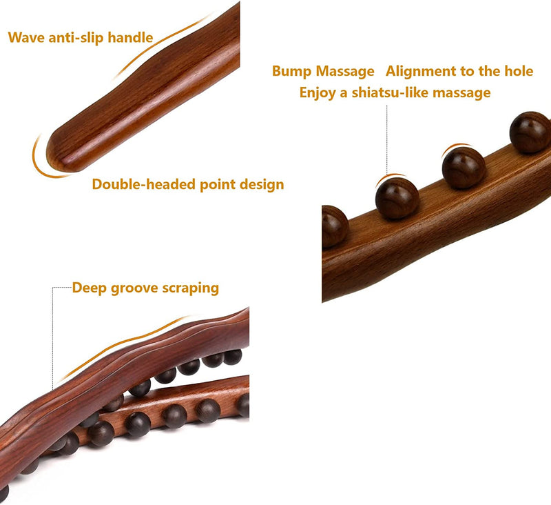 USIASM Guasha Wood Stick Wooden Scraping Stick Wood Therapy Massage Tools Lymphatic Drainage Massager 10 Beads Point Treatment Gua Sha Tools for Neck and Back