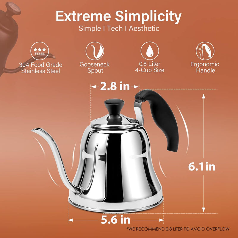 Chefbar Tea Kettle for Stovetop, Barista's Choice Gooseneck Pour Over Coffee Kettle with Flow Control, Food Grade Stainless Steel Water Kettle, Tea Pot for Home & Kitchen Small Tea Kettle 28oz, Silver