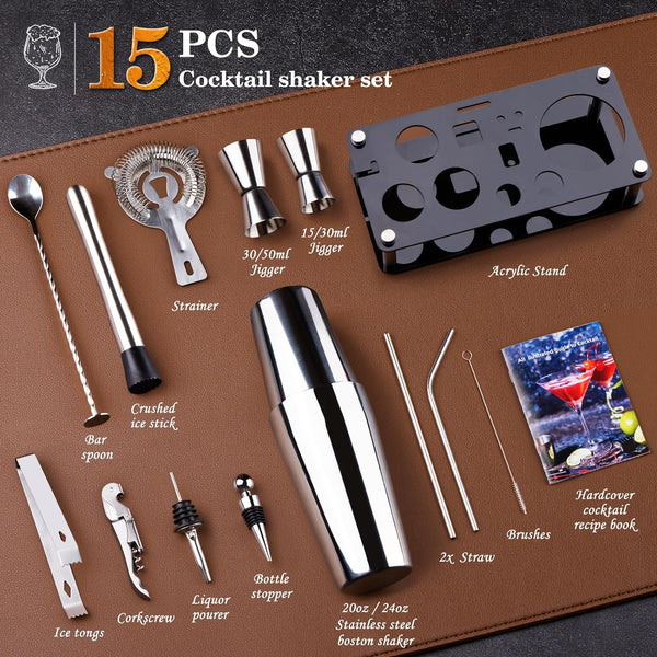 Cocktail Shaker Set Bartender Kit : 15-Piece Bar Tool Set with Acrylic Stand Bar Set with All Practical Bar Accessories, for Drink Mixing, Bar, Home, Lounge & Party, Silver