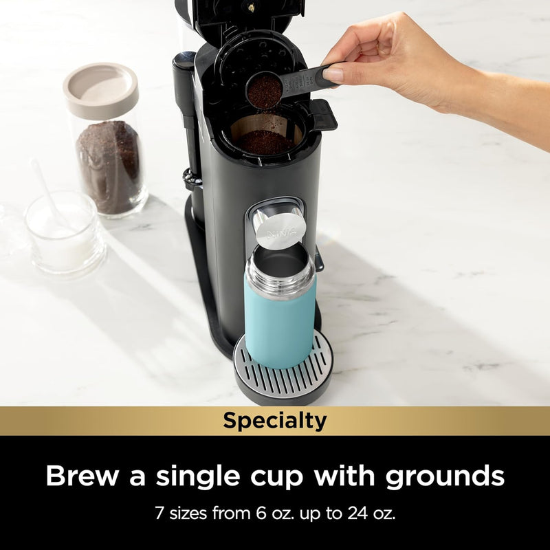 Ninja PB051 Pods & Grounds Specialty Single-Serve Coffee Maker, K-Cup Pod Compatible, Built-In Milk Frother, 6-oz. Cup to 24-oz. Travel Mug Sizes, Black