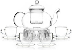 Adorable Full Glass Kettle Teapot Set with Removable Infuser Strainer and 4 Cups and Saucers and Heart Shaped Candle Holder Warmer Heating Base for Tea Blooming Loose Leaf Home Women Gift