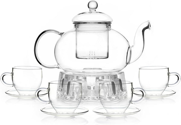 Adorable Full Glass Kettle Teapot Set with Removable Infuser Strainer and 4 Cups and Saucers and Heart Shaped Candle Holder Warmer Heating Base for Tea Blooming Loose Leaf Home Women Gift