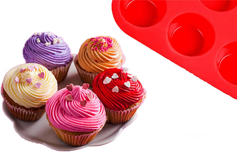 Mini Muffin &Cupcake Set, 24 Cups 2-Pieces, Nonstick Silicone Baking Pan, BPA Free and Dishwasher Safe, Great for Making Muffin Cakes, Tart, Bread (24 Cups Red,2 PCS)