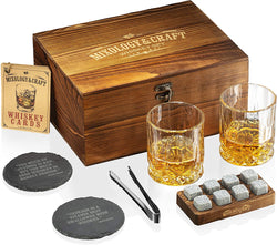 Mixology Whiskey Stones Gift Set for Men - Pack of 2, 10 oz Whiskey Glasses w/ 8 Granite Chilling Rocks, 2 Coasters, Metal Tong & Cocktail Cards in Wooden Box - Square