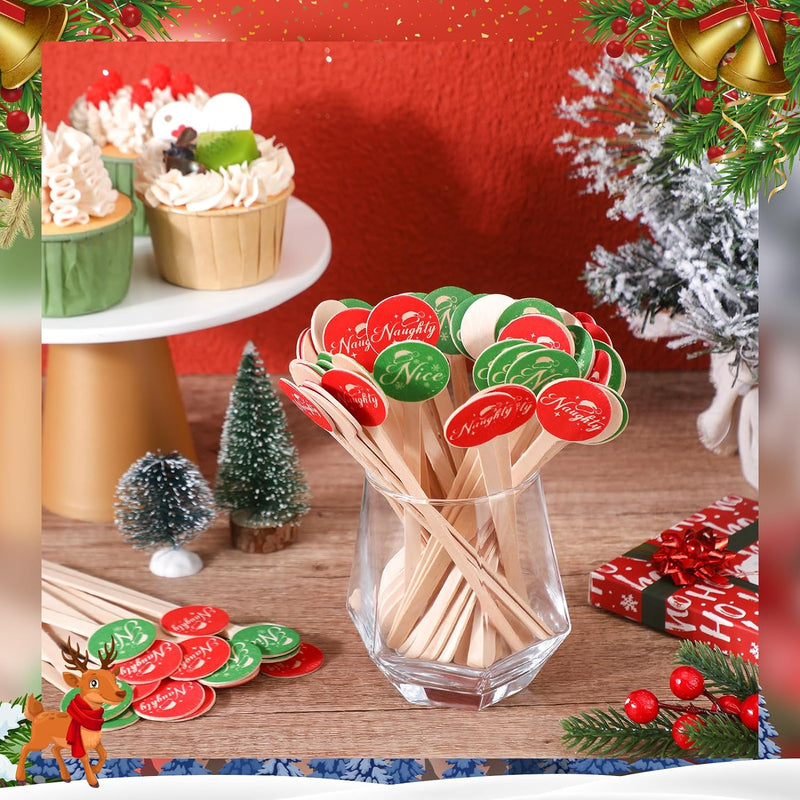 Zhehao 400 Pcs Christmas Coffee Stirrers 6 Inch Christmas Wood Coffee Stirrers Naughty or Nice Christmas Wooden Stir Sticks for Coffee Christmas Coffee Stir Sticks for Christmas Party Decoration