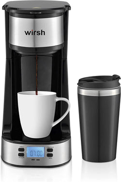 wirsh Single Serve Coffee Maker- Small Coffee Maker with Programmable Timer and LCD display, Single Cup Coffee Maker with 14 oz.Travel Mug and Reusable Coffee Filter,NON-POD Coffee Maker,Black