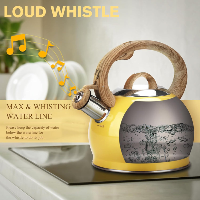 Tea Kettle, 2.1 Quart Stove Top Whistling Tea Kettle, Teapot with Food Grade Stainless Steel and Wood Pattern Folding Handle, Suitable for All Heat Sources,(Yellow)