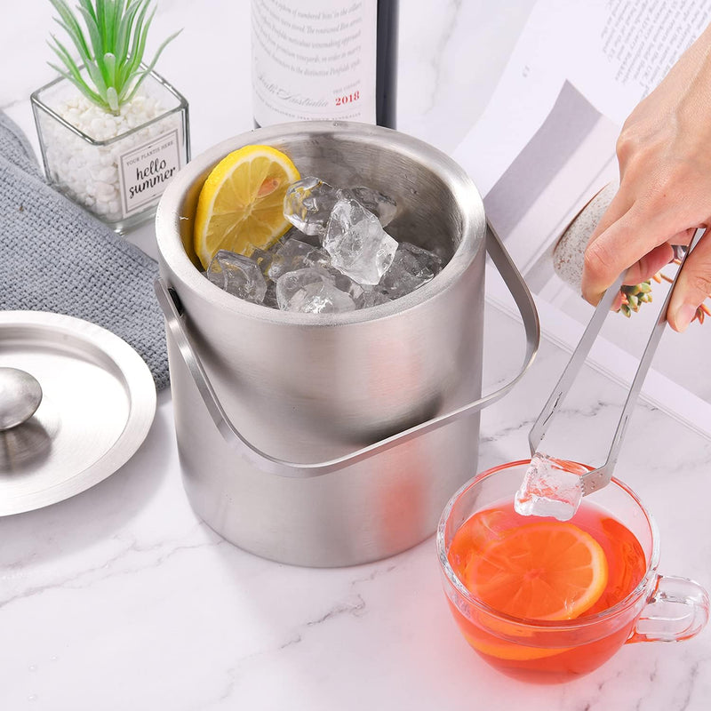 LUCKYGOOBO Mini Stainless Steel Ice Bucket Portable Double Wall Ice Bucket with Tong, Hotel Bucket/Champagne Bucket/Beverage Bucket,Size 1.3 Liters 5.5 x 5.5 in,Serveware for Party,Event,and Camping.