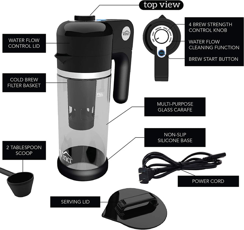 VINCI Express Cold Brew Patented Electric Coffee Maker in 5 Minutes, 4 Brew Strength Settings & Cleaning Cycle, Easy to Use & Clean, Glass Carafe, 1.1 Liter (37 Fl Ounces)