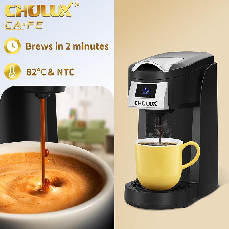 CHULUX Single Serve Coffee Maker, One Cup Coffee Brewer for K Cup & Ground Coffee, 5 to 12oz Brew Sizes in Mins, Auto Off Function, Portable Coffee Machine for Home, Office, Travel, Kitchen