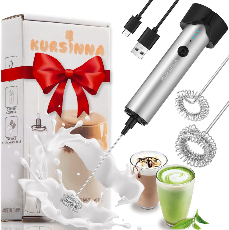 KURSINNA Powerful Rechargeable Milk Frother Handheld, USB-C Charge Foam Maker with 2 Stainless Steel Whisk & Stand, Powerful Mini Mixer Coffee Frother for Frappe, Latte, Matcha (13000RPM USB-C Charge)