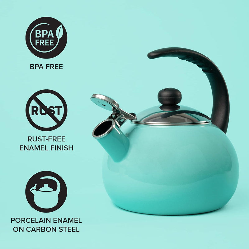 Farberware Luna Water Kettle, Whistling Tea Pot, Works For All Stovetops, Porcelain Enamel on Carbon Steel, BPA-Free, Rust-Proof, Stay Cool Handle, 2.5qt (10 Cups) Capacity (Aqua)