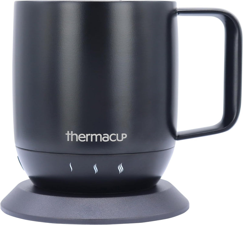 Thermacup Premium Self-Heating Coffee Mug with Lid, Temperature Controlled Led Electric Mug, 3 Custom Heat Settings, Auto Shut Off Feature, Keeps Liquids Warm, Sip Smarter (Midnight Black – 14 oz.)