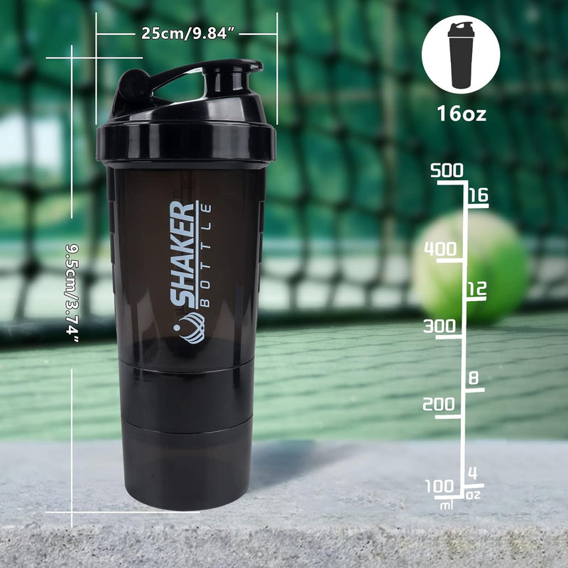 XTK Shaker Bottle 16OZ Protein Shaker Bottles with Mix Ball Portable Sports Water Bottle Leak Proof GYM Cup for Protein Mixes with Powder Storage & Pill Organizer, Idea for Pre Workout,BPA Free(black)