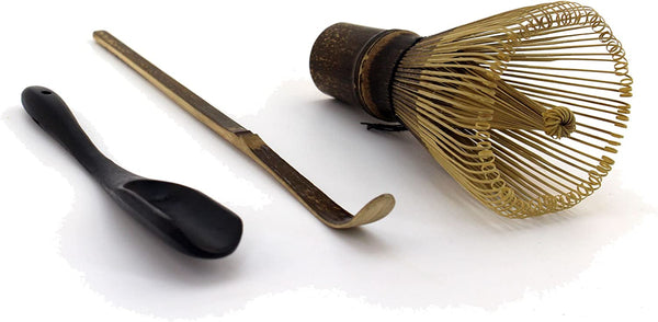 BambooMN Matcha Whisk Set - Black Chasen (Tea Whisk) + Black Chashaku (Hooked Bamboo Scoop) + Black Deep Scoop - 1 Set