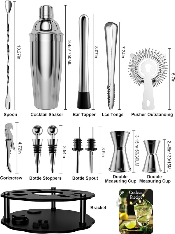 Bokhot Bartender Kit, 14 Piece Cocktail Shaker Set Stainless Steel Bar Tools with Rotating Stand, 25 oz Shaker Tins, Jigger, Spoon, Pourers, Muddler, Strainer, Tongs, Bottle Stoppers, Opener, Recipes