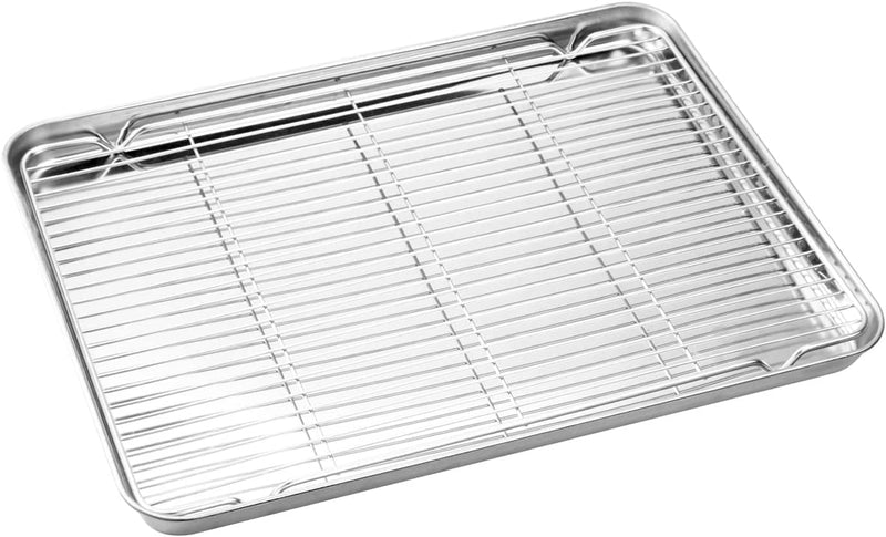 Wildone Baking Sheet & Rack Set [2 Sheets + 2 Racks], Stainless Steel Cookie Pan with Cooling Rack, Size 16 x 12 x 1 Inch, Non Toxic & Heavy Duty & Easy Clean