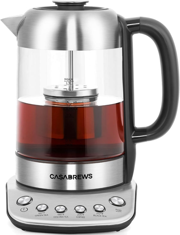 CASABREWS Electric Tea Kettle, 1500W Stainless Steel Electric Kettle with Temperature Control, 1.7L Tea Maker Machine with Dry-Boil Protection and Infuser for Loose Tea, 1H Keep Warm, Gift for Mom Dad