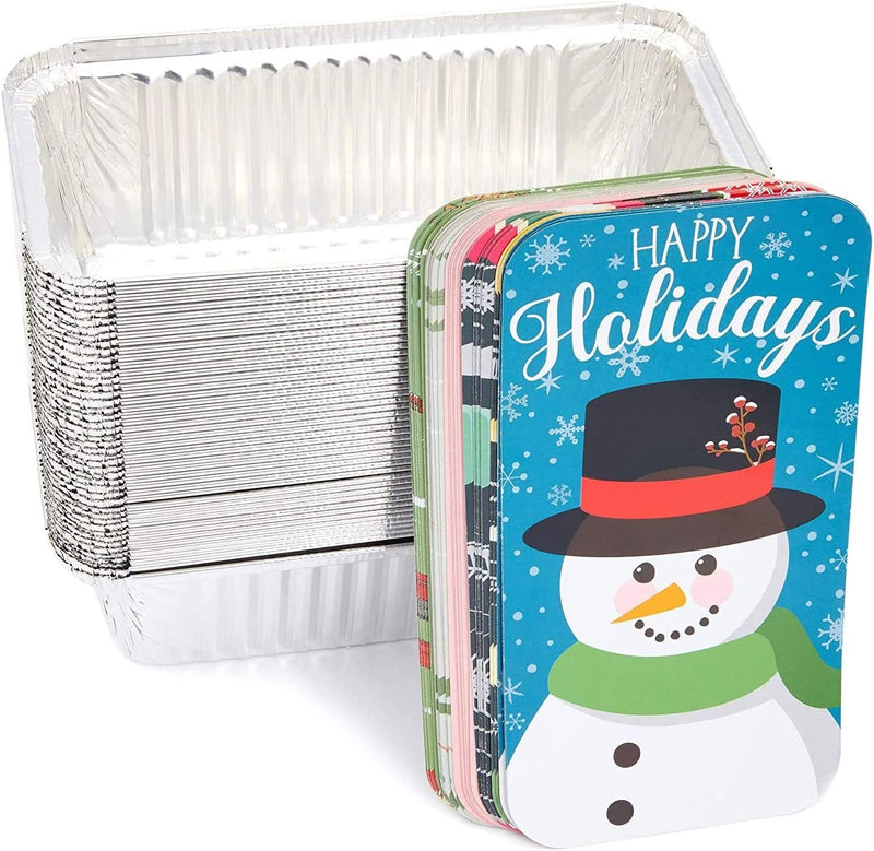 BLUE PANDA 50 Pack Christmas Aluminum Foil Loaf Pans with Holiday Paper Lids, 22 oz Baking Tins (8.5 x 2.5 x 4.5 In)