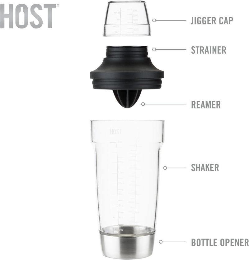 HOST All in One Cocktail Shaker Set | 5 in 1 Tool - Jigger Cap | Strainer | Reamer | Stainless Steel Bottle Opener and Oz and mL Markers 18 oz Capacity - Multitool Bartending Mixer for Drinks