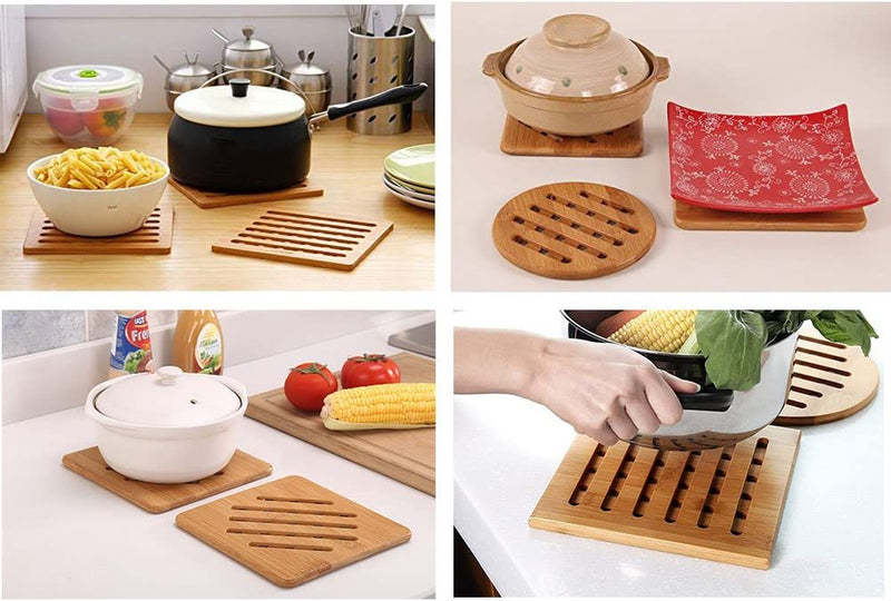 Natural Bamboo Trivet Mat Set, Kitchen Wood Hot Pads Trivet, Heat Resistant Pads for Hot Dishes/Pot/Bowl/Teapot/Hot Pot Holders, Anti-Hot Non-Slip Durable,Square and Round (Pack of 4), by MUWENTY