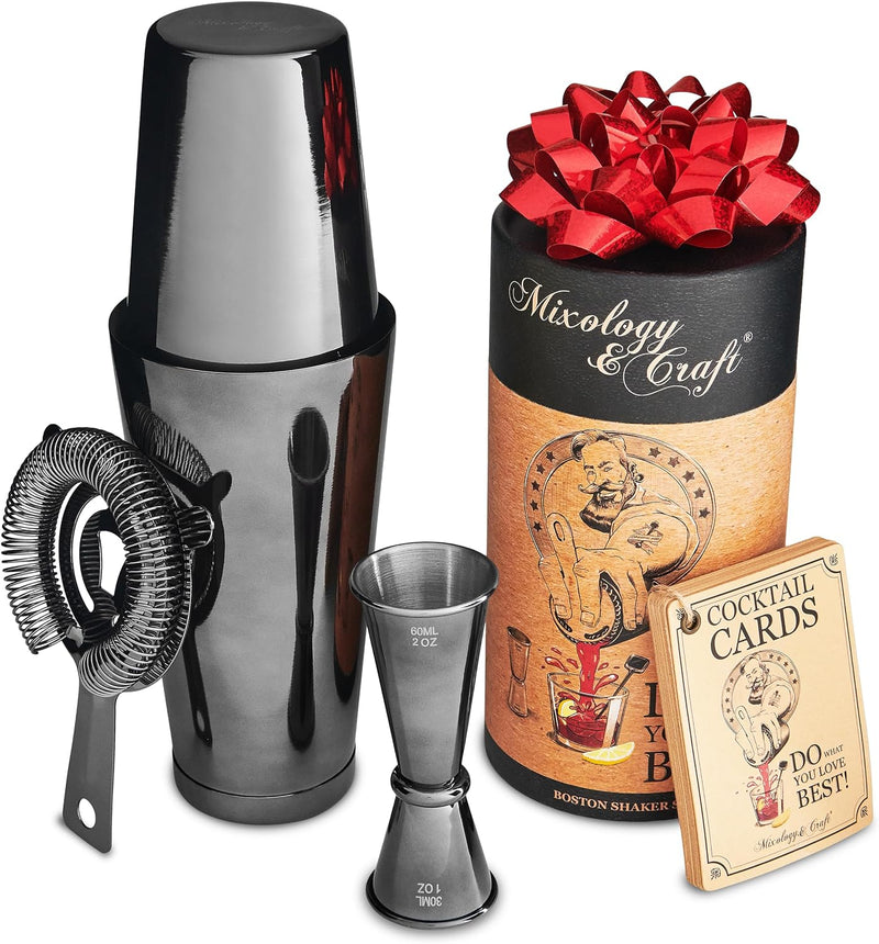 Mixology Cocktail Shaker Boston Shaker Set Professional Weighted Martini Shakers, Strainer and Japanese Jigger, Portable Bar Set for Drink Mixer Bartending, Exclusive Recipes Cards (Silver)