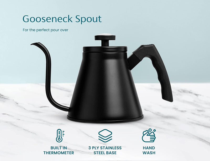 Kook Stovetop Gooseneck Kettle with Thermometer, for Pour Over Coffee & Tea, Temperature Gauge, Electric, Compatible for Gas Stovetop, 3 Ply Stainless Steel Base, 27 oz