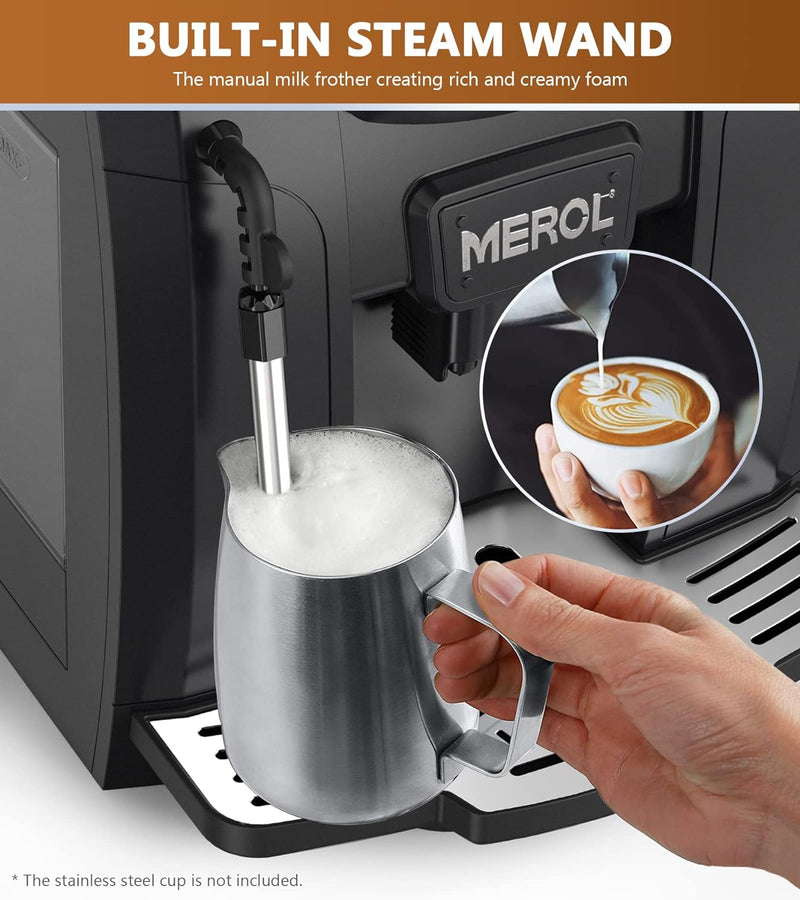 MEROL Automatic Espresso Coffee Machine, 19 Bar Barista Pump Coffee Maker with Grinder and Manual Milk Frother Steam Wand for Cappuccino Latte Macchiato, Black, Christmas Gift