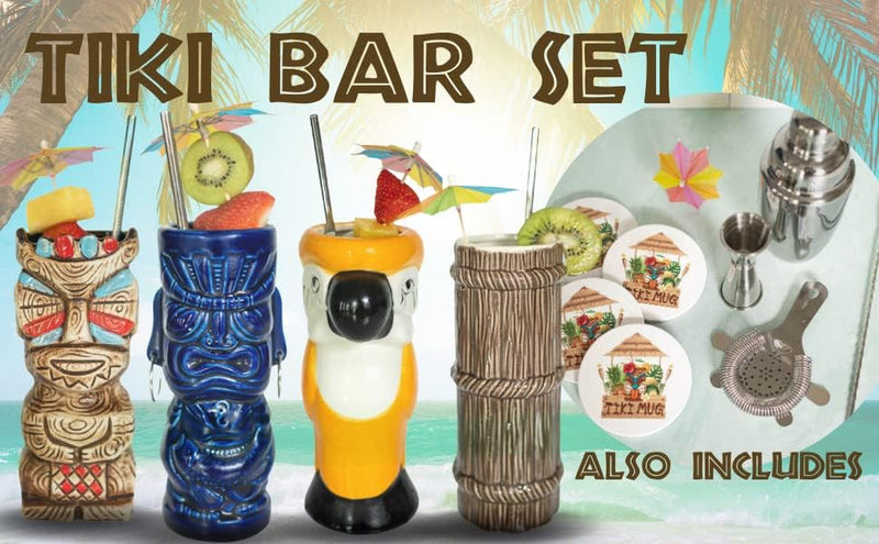 Set of 4 Tiki Mugs, Barware Tool Set Includes Cocktail Shaker, Jigger, Howthorne Strainer, Mixing Spoon, Drink Umbrellas, 4 Tiki Coasters, 4 Metal Straws