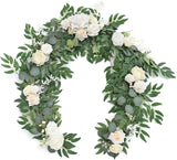 Artificial Eucalyptus Garland with Flowers 6FT, Wedding Table Garland with Flowers Mantle Decor Handcrafted Wedding Centerpieces for Rehearsal Dinner Bridal Shower | Ivory