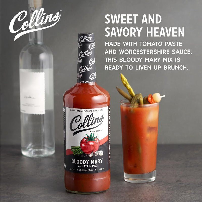 Collins Classic Bloody Mary Mix, Made With Tomato, Garlic, Worcestershire Sauce and Spices, Brunch Cocktail Recipe Ingredient, Bartender Mixer, Drinking Gifts, Home Cocktail bar, 32 fl oz