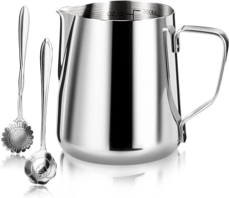 Milk Frothing Pitcher, 12 Oz Milk Frother Steamer Cup Stainless Steel Espresso Cup