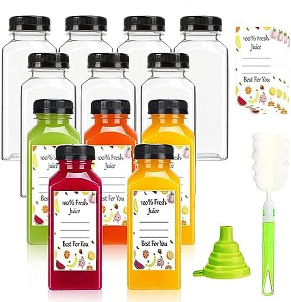 Plastic Juice Bottles with Caps 12 pcs, 12oz Reusable Juice Containers with Tamper Proof Lids Black, Clear Juice Bottles for Juicing, Milk, Smoothie, Drinking, and Other Beverages