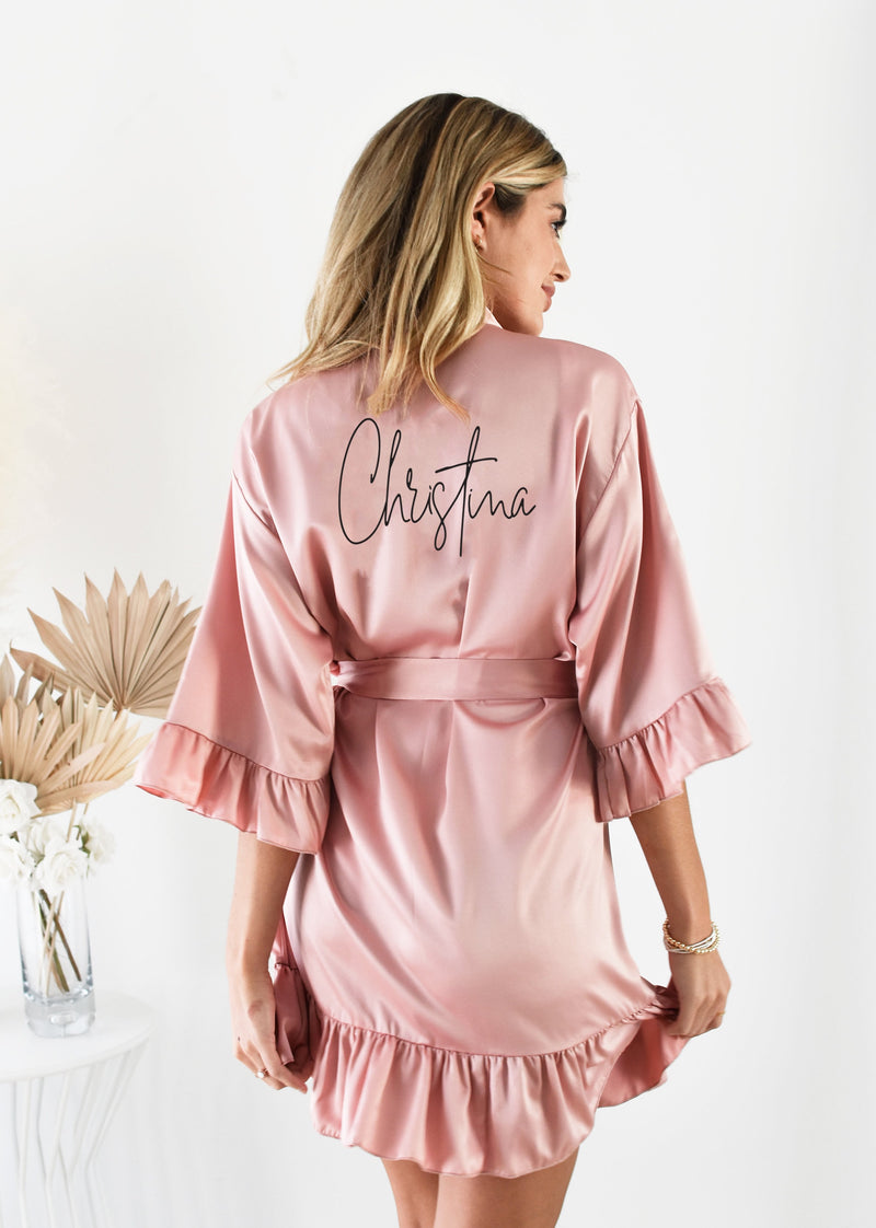 Personalized Champagne Bridesmaid Robes - Satin Ruffle and Custom Bridal Party Names