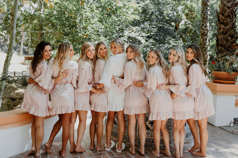 Personalized Champagne Bridesmaid Robes - Satin Ruffle and Custom Bridal Party Names