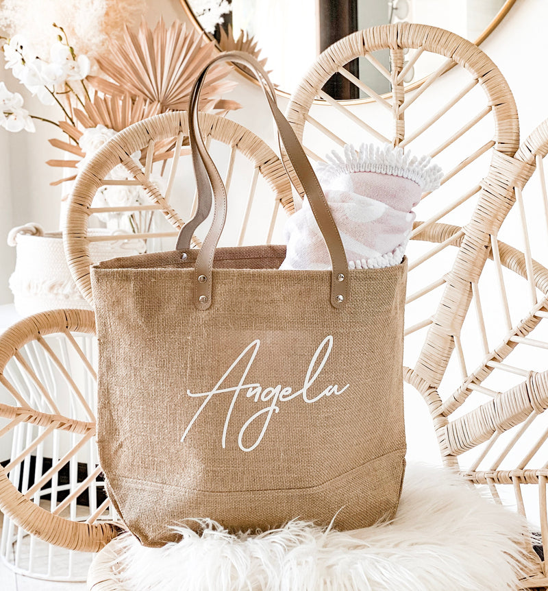 Custom Personalized Jute Beach Bag with Names - Bridesmaid Gift Tote