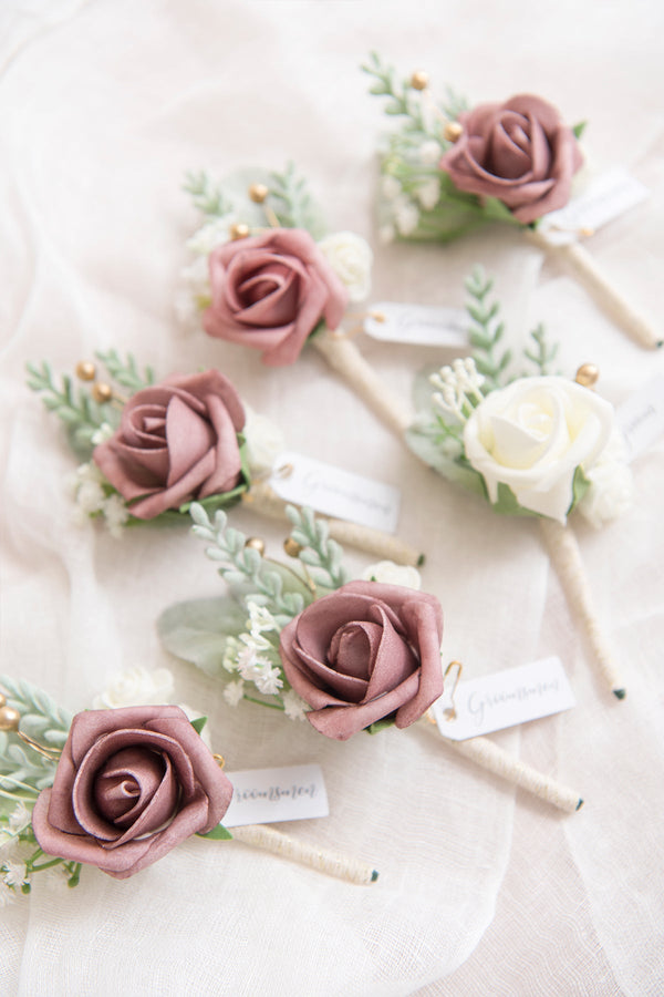Dusty Rose Boutonnieres - Cream Roses